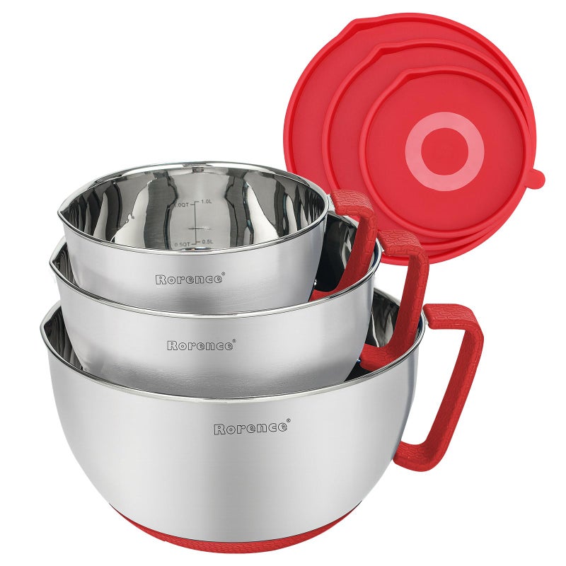 Rorence Mixing Bowls with Lids Set: Stainless Steel Mixing Bowls with Handles, Non-Slip Bottom & Pour Spout - Red, 3 quarts - Image 1